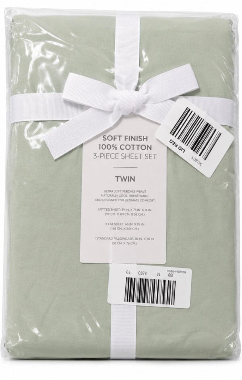 NEW 100% Cotton Twin Sheet Set Soft Finish Percale Sage Green 3 Piece